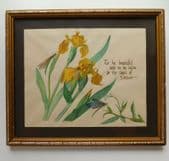 Watercolour painting Flag iris and dragonfly signed Colette flower picture